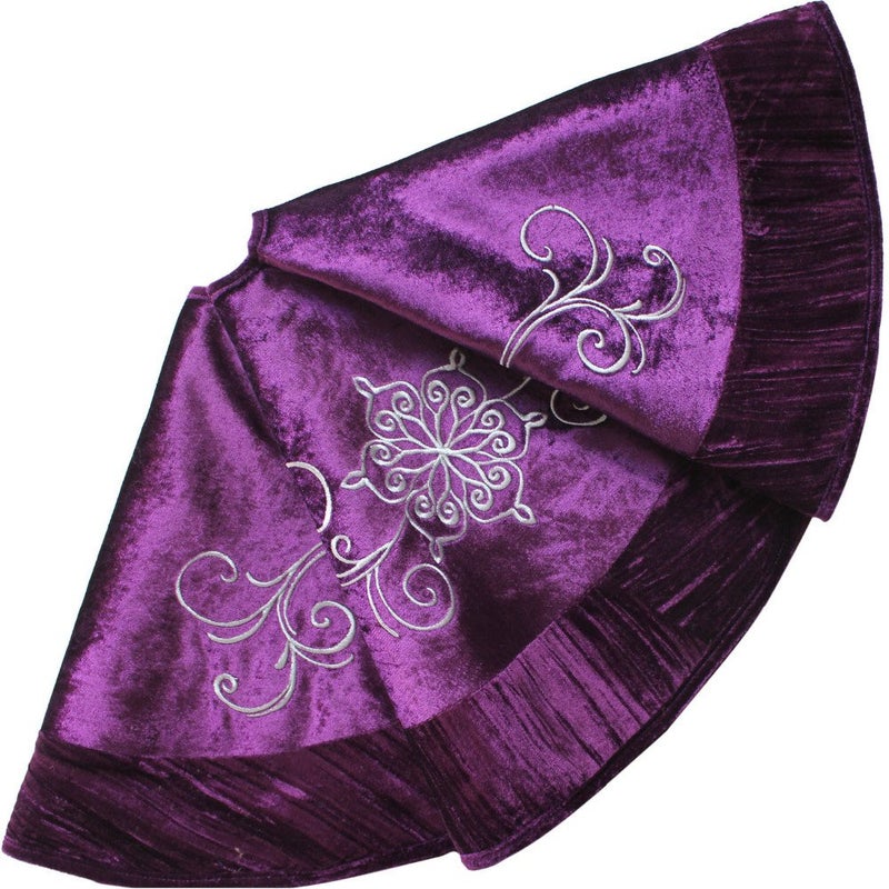 ONGLYP X.Sem Flower Embroidered Velvet Christmas Tree Skirt with Pleat Velvet Border 50'' Purple (50 inch) - Image 1
